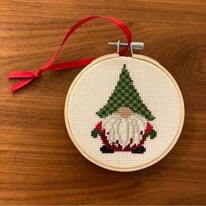 Handmade Christmas Gnome Cross Stich Hanger/Ornament Green Check Hat in 4" Hoop